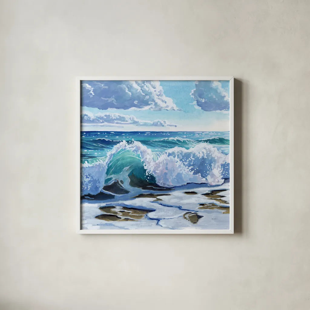 Curling Wave on Shore by Kate Jarvik Birch. Shown in a crisp white glass frame for a clean and minimalist style. Available as an archival giclee rolled canvas, fine art paper, or poster print. SKU 98565a.
