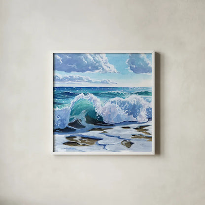 Curling Wave on Shore by Kate Jarvik Birch. Shown in a crisp white glass frame for a clean and minimalist style. Available as an archival giclee rolled canvas, fine art paper, or poster print. SKU 98565a.