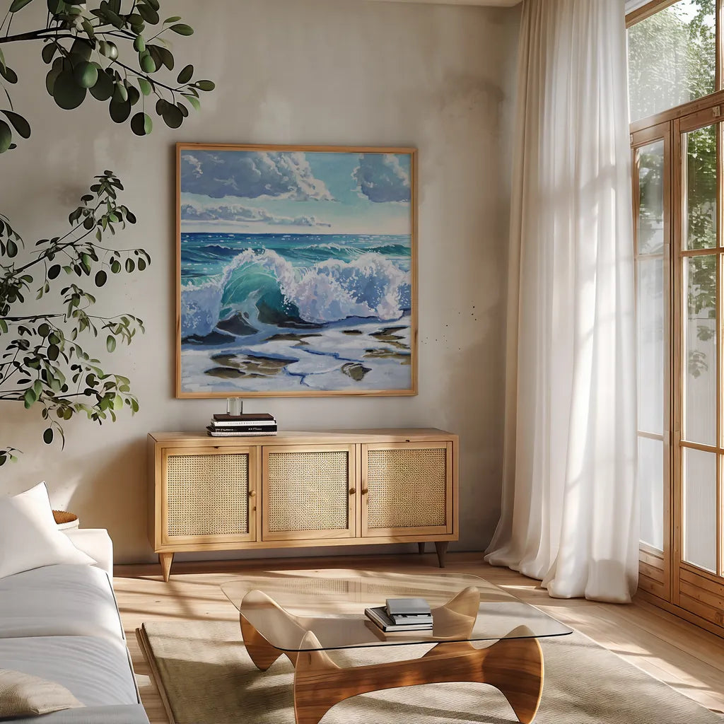 Curling Wave on Shore by Kate Jarvik Birch. Shown in a natural wood frame in a cozy modern living room. Available as an archival giclee rolled canvas, fine art paper, or poster print. SKU 98565a.