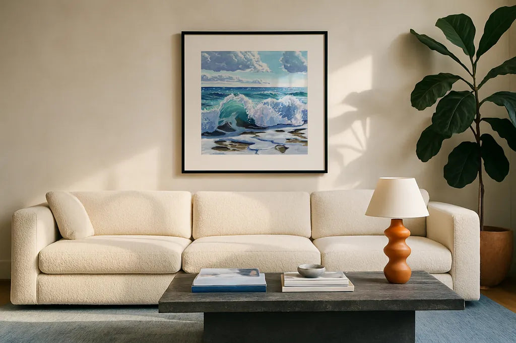 Curling Wave on Shore by Kate Jarvik Birch. Displayed in a glass frame with matte in a clean modern living room. Available as an archival giclee rolled canvas, fine art paper, or poster print. SKU 98565a.