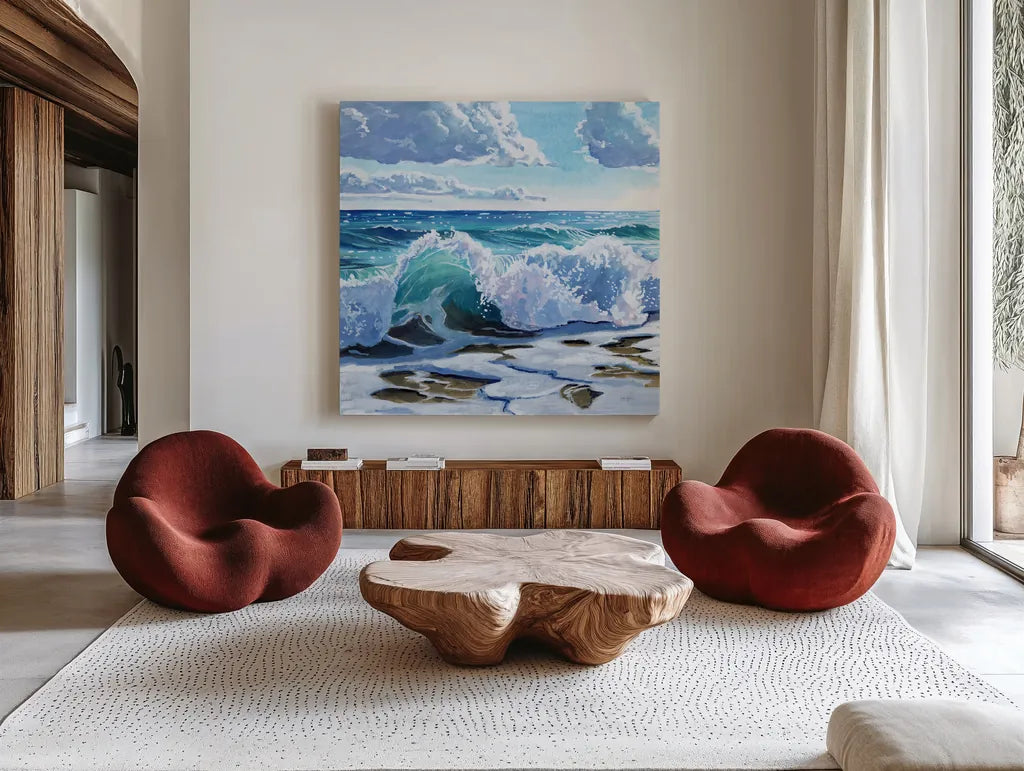 Curling Wave on Shore by Kate Jarvik Birch. Shown as extra-large giant wall art in a modern living room. Available as an archival giclee rolled canvas, fine art paper, or poster print. SKU 98565a.
