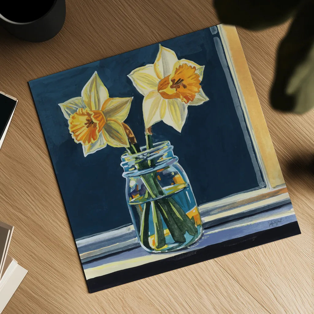 Daffodils on The Window Sill by Kate Jarvik Birch. Shown as a detailed flat fine art print, highlighting archival giclee quality. Available as an archival giclee rolled canvas, fine art paper, or poster print. SKU 99737a.