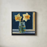 Daffodils on The Window Sill by Kate Jarvik Birch. Shown in a sleek black glass frame for a contemporary gallery look. Available as an archival giclee rolled canvas, fine art paper, or poster print. SKU 99737a.