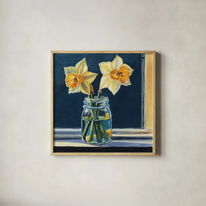 Daffodils on The Window Sill by Kate Jarvik Birch. Shown in a natural wood glass frame for a timeless modern aesthetic. Available as an archival giclee rolled canvas, fine art paper, or poster print. SKU 99737a.