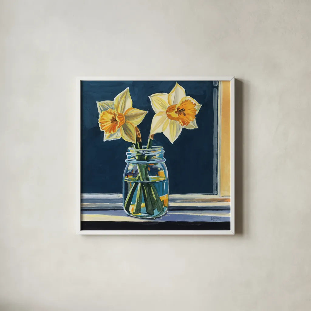 Daffodils on The Window Sill by Kate Jarvik Birch. Shown in a crisp white glass frame for a clean and minimalist style. Available as an archival giclee rolled canvas, fine art paper, or poster print. SKU 99737a.