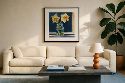 Daffodils on The Window Sill by Kate Jarvik Birch. Displayed in a glass frame with matte in a clean modern living room. Available as an archival giclee rolled canvas, fine art paper, or poster print. SKU 99737a.