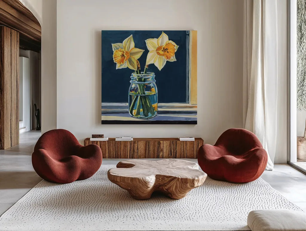 Daffodils on The Window Sill by Kate Jarvik Birch. Shown as extra-large giant wall art in a modern living room. Available as an archival giclee rolled canvas, fine art paper, or poster print. SKU 99737a.
