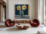 Daffodils on The Window Sill by Kate Jarvik Birch. Shown as extra-large giant wall art in a modern living room. Available as an archival giclee rolled canvas, fine art paper, or poster print. SKU 99737a.