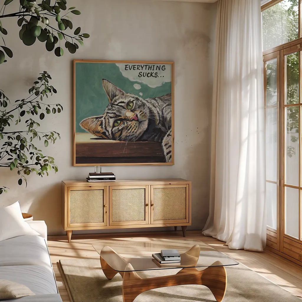 Deep Thoughts by Kate Jarvik Birch. Shown in a natural wood frame in a cozy modern living room. Available as an archival giclee rolled canvas, fine art paper, or poster print. SKU 101974a.