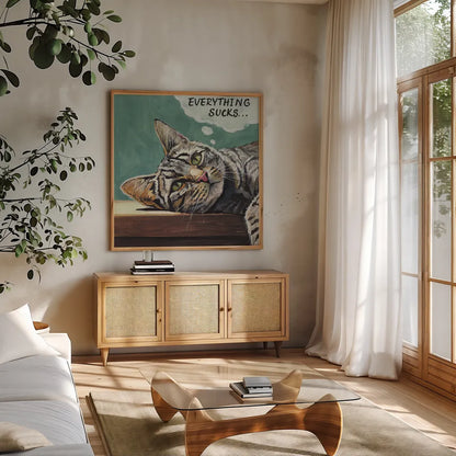 Deep Thoughts by Kate Jarvik Birch. Shown in a natural wood frame in a cozy modern living room. Available as an archival giclee rolled canvas, fine art paper, or poster print. SKU 101974a.