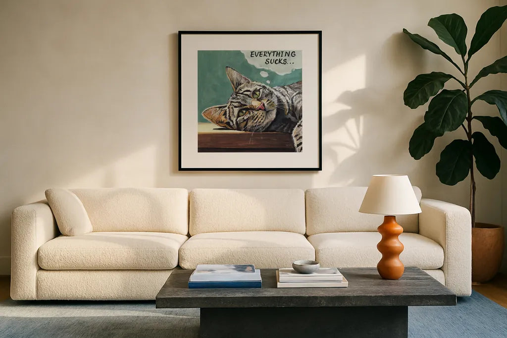 Deep Thoughts by Kate Jarvik Birch. Displayed in a glass frame with matte in a clean modern living room. Available as an archival giclee rolled canvas, fine art paper, or poster print. SKU 101974a.