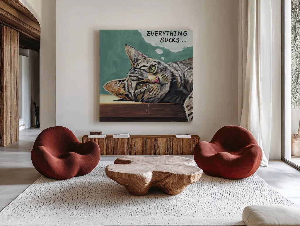 Deep Thoughts by Kate Jarvik Birch. Shown as extra-large giant wall art in a modern living room. Available as an archival giclee rolled canvas, fine art paper, or poster print. SKU 101974a.