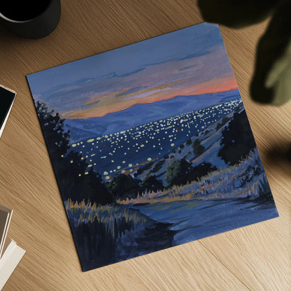 Desert City Lights at Dusk by Kate Jarvik Birch. Shown as a detailed flat fine art print, highlighting archival giclee quality. Available as an archival giclee rolled canvas, fine art paper, or poster print. SKU 98566a.