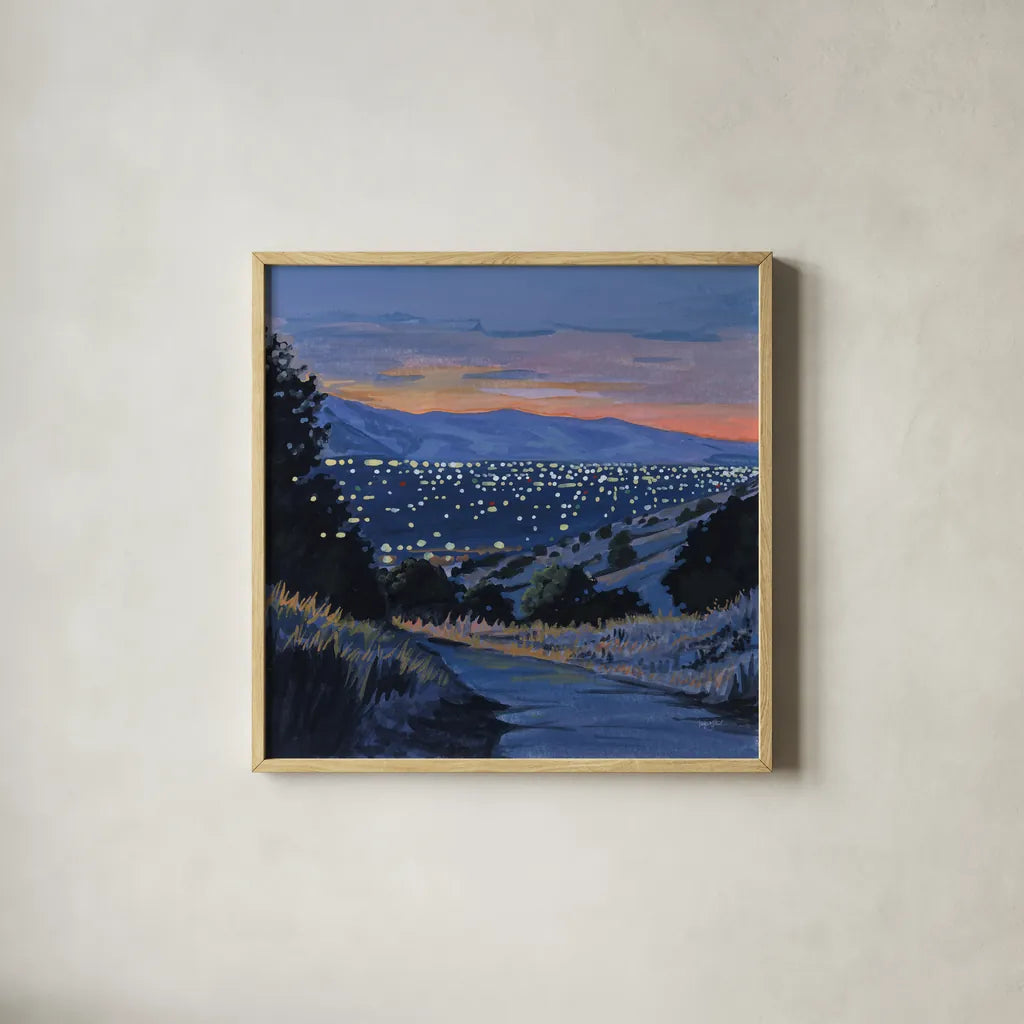 Desert City Lights at Dusk by Kate Jarvik Birch. Shown in a natural wood glass frame for a timeless modern aesthetic. Available as an archival giclee rolled canvas, fine art paper, or poster print. SKU 98566a.