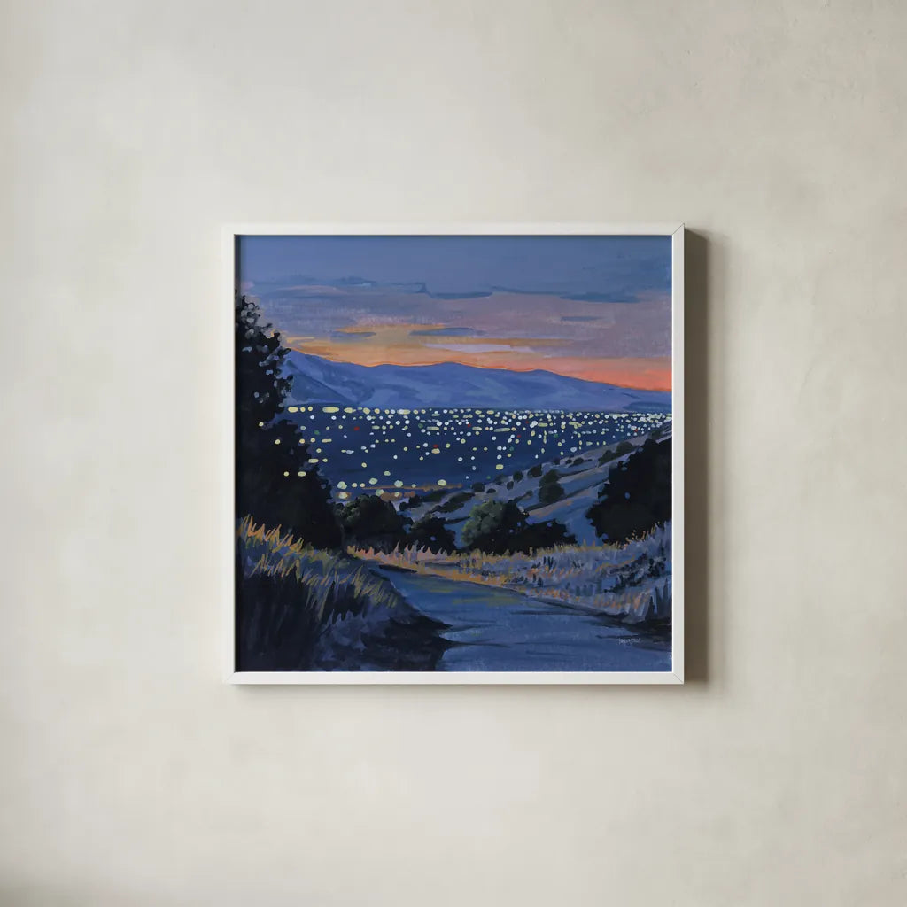 Desert City Lights at Dusk by Kate Jarvik Birch. Shown in a crisp white glass frame for a clean and minimalist style. Available as an archival giclee rolled canvas, fine art paper, or poster print. SKU 98566a.
