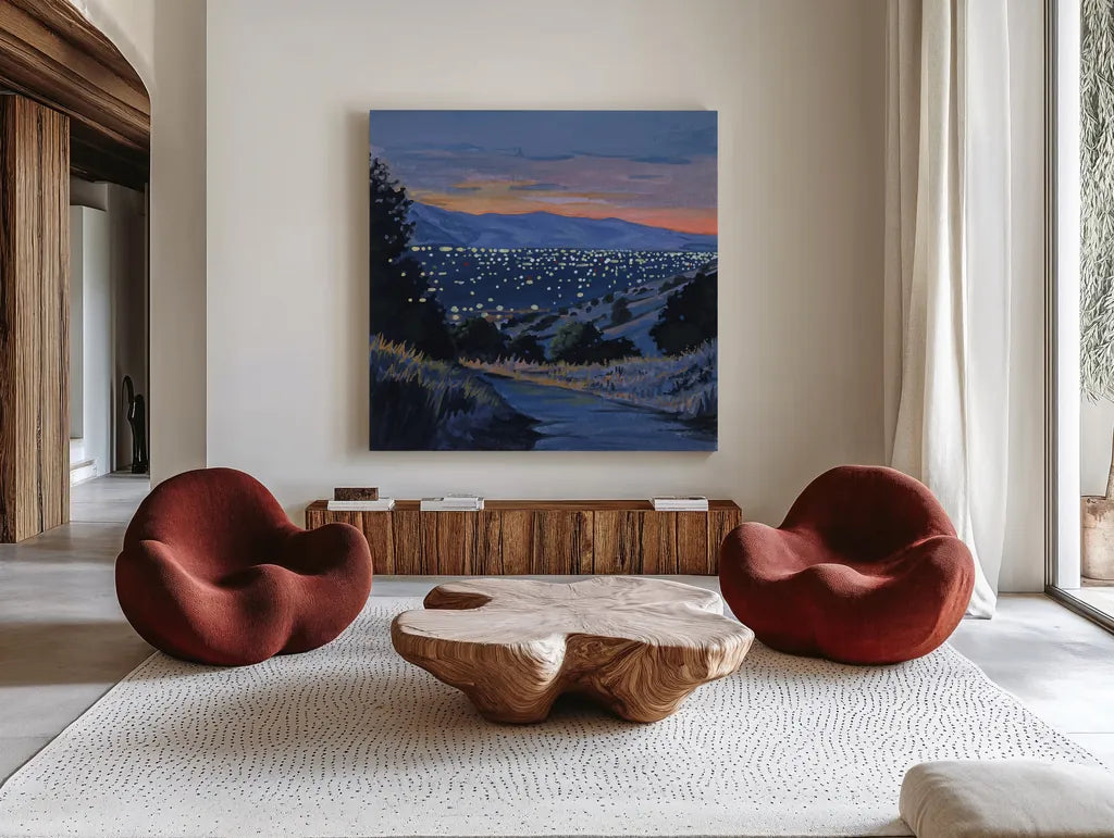 Desert City Lights at Dusk by Kate Jarvik Birch. Shown as extra-large giant wall art in a modern living room. Available as an archival giclee rolled canvas, fine art paper, or poster print. SKU 98566a.
