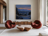 Desert City Lights at Dusk by Kate Jarvik Birch. Shown as extra-large giant wall art in a modern living room. Available as an archival giclee rolled canvas, fine art paper, or poster print. SKU 98566a.