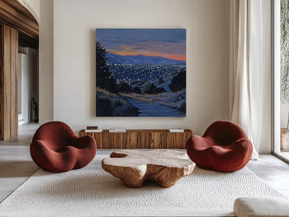 Desert City Lights at Dusk by Kate Jarvik Birch. Shown as extra-large giant wall art in a modern living room. Available as an archival giclee rolled canvas, fine art paper, or poster print. SKU 98566a.