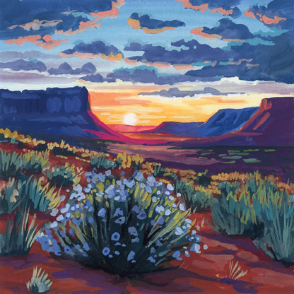 Desert Sunset On Blooming Bush by Kate Jarvik Birch. SKU 98560a. Archival Giclee Fine art print for wall decor.