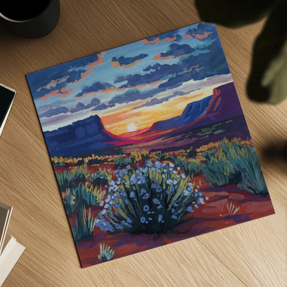 Desert Sunset On Blooming Bush by Kate Jarvik Birch. Shown as a detailed flat fine art print, highlighting archival giclee quality. Available as an archival giclee rolled canvas, fine art paper, or poster print. SKU 98560a.