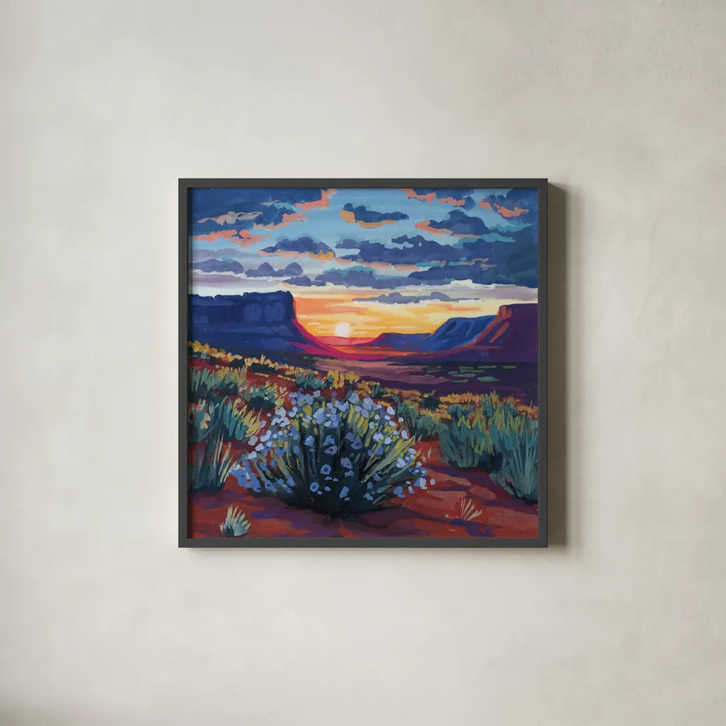 Desert Sunset On Blooming Bush by Kate Jarvik Birch. Shown in a sleek black glass frame for a contemporary gallery look. Available as an archival giclee rolled canvas, fine art paper, or poster print. SKU 98560a.