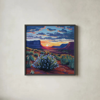 Desert Sunset On Blooming Bush by Kate Jarvik Birch. Shown in a sleek black glass frame for a contemporary gallery look. Available as an archival giclee rolled canvas, fine art paper, or poster print. SKU 98560a.