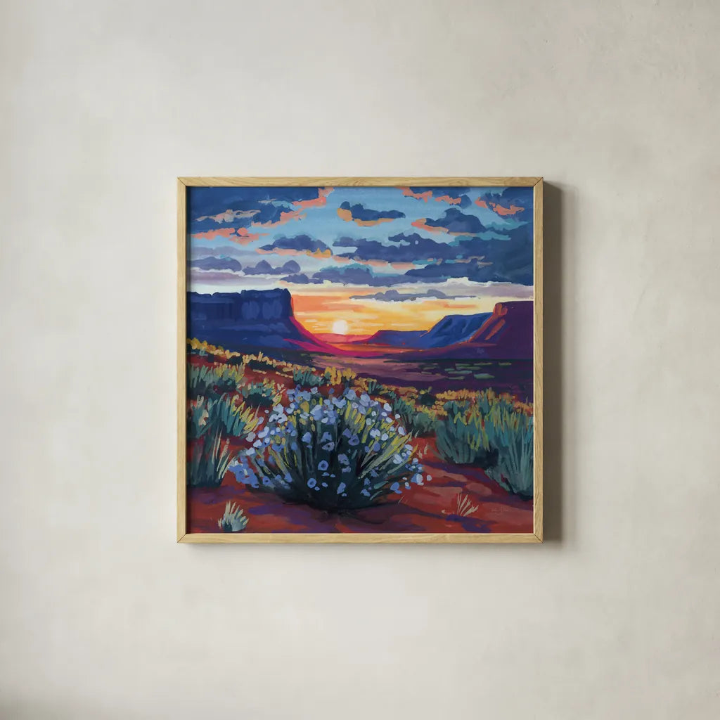 Desert Sunset On Blooming Bush by Kate Jarvik Birch. Shown in a natural wood glass frame for a timeless modern aesthetic. Available as an archival giclee rolled canvas, fine art paper, or poster print. SKU 98560a.