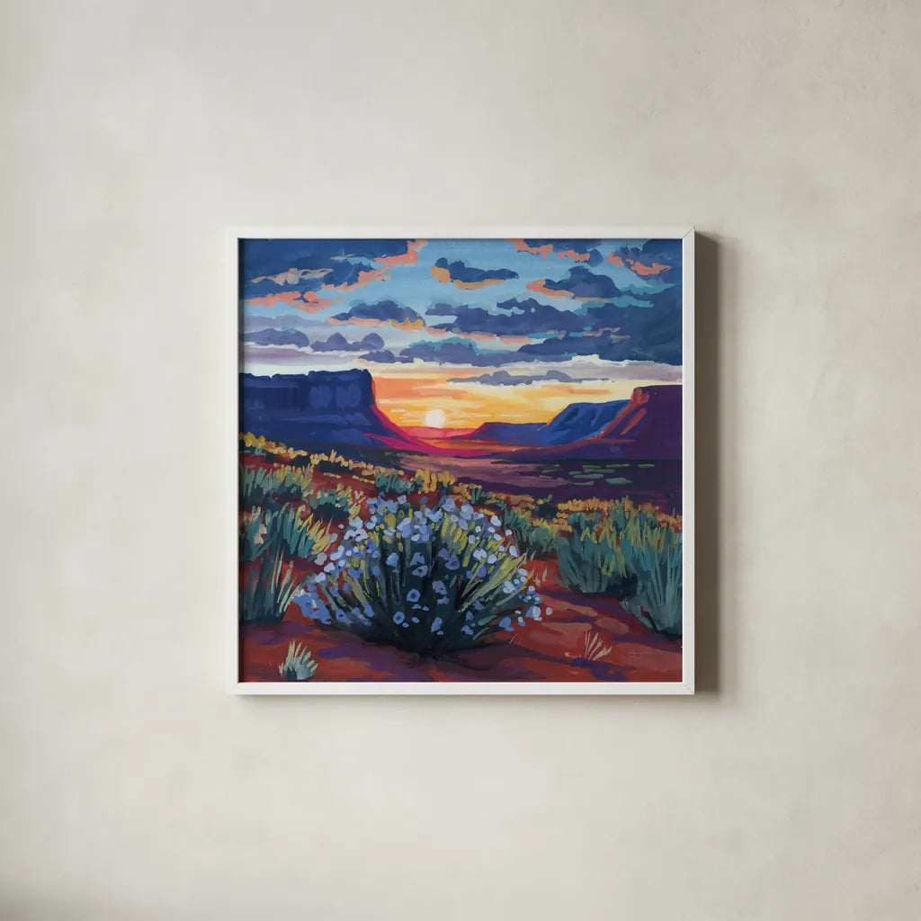 Desert Sunset On Blooming Bush by Kate Jarvik Birch. Shown in a crisp white glass frame for a clean and minimalist style. Available as an archival giclee rolled canvas, fine art paper, or poster print. SKU 98560a.