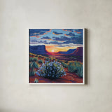 Desert Sunset On Blooming Bush by Kate Jarvik Birch. Shown in a crisp white glass frame for a clean and minimalist style. Available as an archival giclee rolled canvas, fine art paper, or poster print. SKU 98560a.