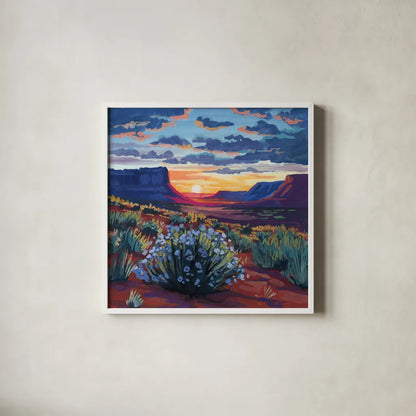 Desert Sunset On Blooming Bush by Kate Jarvik Birch. Shown in a crisp white glass frame for a clean and minimalist style. Available as an archival giclee rolled canvas, fine art paper, or poster print. SKU 98560a.