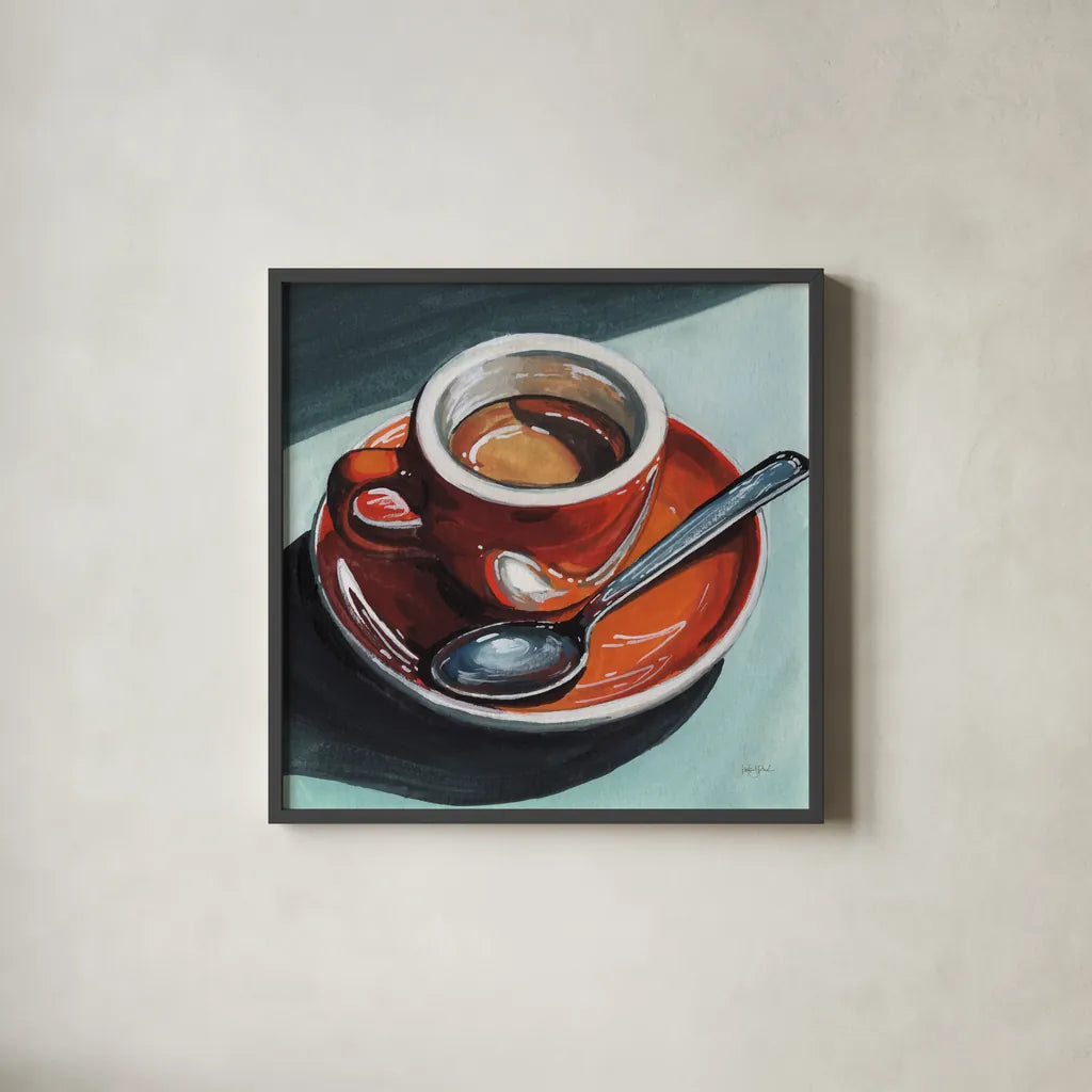 Diner Espresso by Kate Jarvik Birch. Shown in a sleek black glass frame for a contemporary gallery look. Available as an archival giclee rolled canvas, fine art paper, or poster print. SKU 100958a.