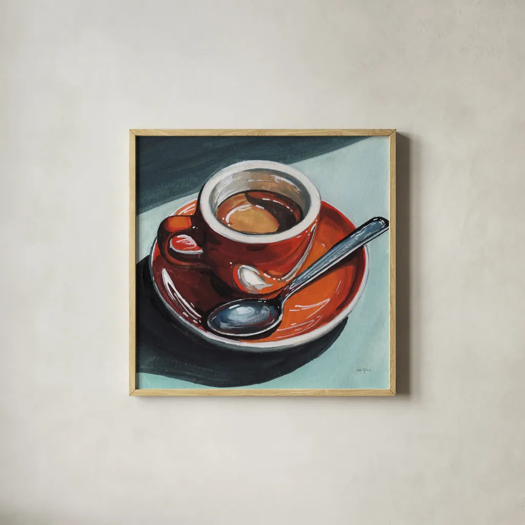 Diner Espresso by Kate Jarvik Birch. Shown in a natural wood glass frame for a timeless modern aesthetic. Available as an archival giclee rolled canvas, fine art paper, or poster print. SKU 100958a.