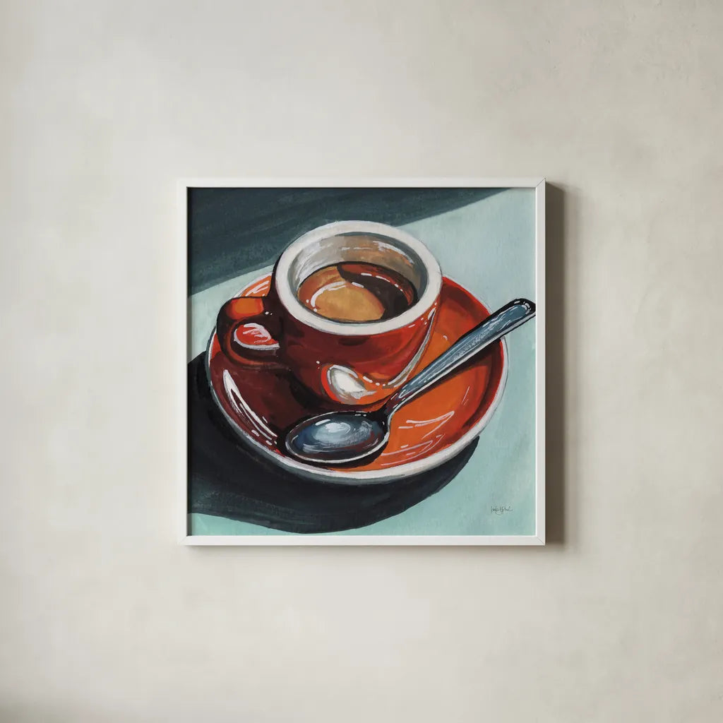 Diner Espresso by Kate Jarvik Birch. Shown in a crisp white glass frame for a clean and minimalist style. Available as an archival giclee rolled canvas, fine art paper, or poster print. SKU 100958a.