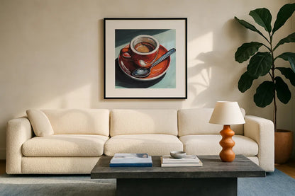 Diner Espresso by Kate Jarvik Birch. Displayed in a glass frame with matte in a clean modern living room. Available as an archival giclee rolled canvas, fine art paper, or poster print. SKU 100958a.
