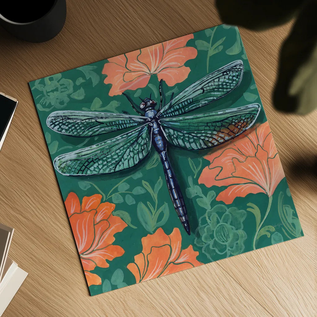 Dragonfly on The Wall by Kate Jarvik Birch. Shown as a detailed flat fine art print, highlighting archival giclee quality. Available as an archival giclee rolled canvas, fine art paper, or poster print. SKU 98596a.