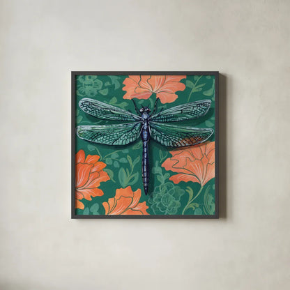 Dragonfly on The Wall by Kate Jarvik Birch. Shown in a sleek black glass frame for a contemporary gallery look. Available as an archival giclee rolled canvas, fine art paper, or poster print. SKU 98596a.