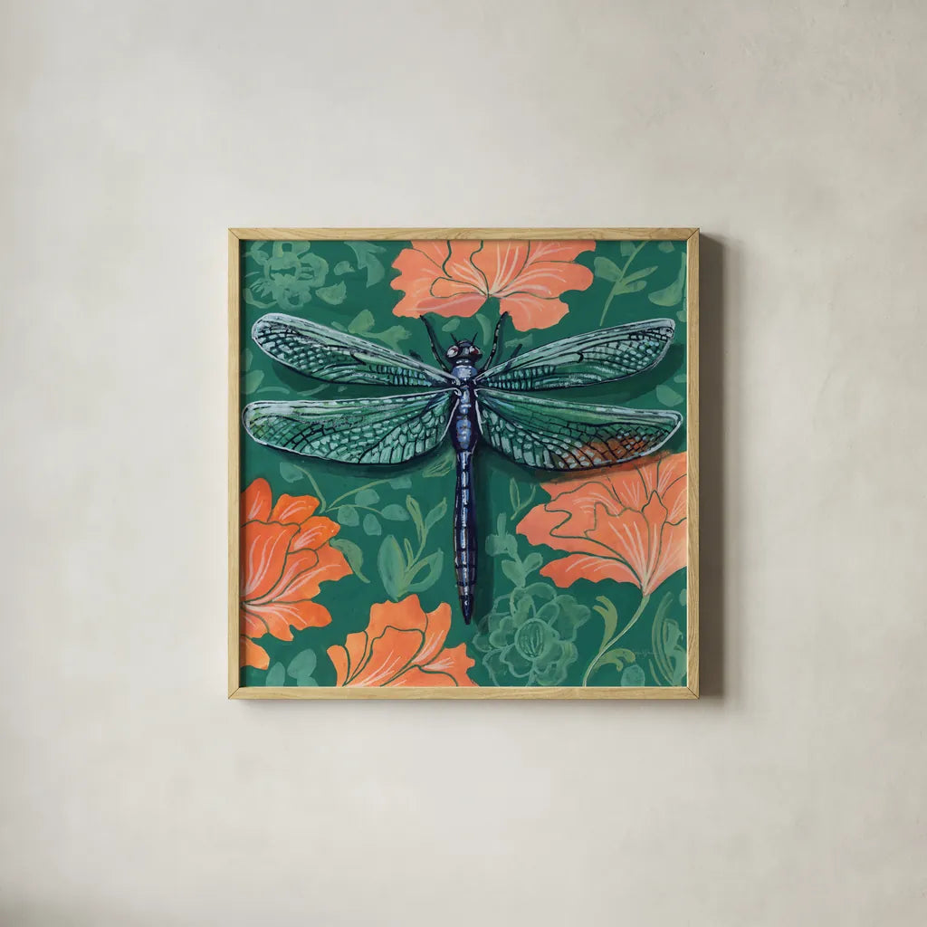 Dragonfly on The Wall by Kate Jarvik Birch. Shown in a natural wood glass frame for a timeless modern aesthetic. Available as an archival giclee rolled canvas, fine art paper, or poster print. SKU 98596a.