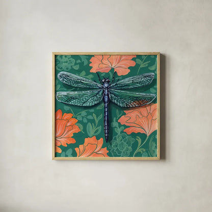 Dragonfly on The Wall by Kate Jarvik Birch. Shown in a natural wood glass frame for a timeless modern aesthetic. Available as an archival giclee rolled canvas, fine art paper, or poster print. SKU 98596a.