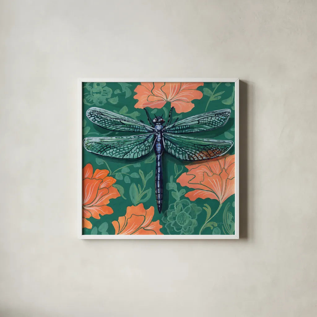 Dragonfly on The Wall by Kate Jarvik Birch. Shown in a crisp white glass frame for a clean and minimalist style. Available as an archival giclee rolled canvas, fine art paper, or poster print. SKU 98596a.