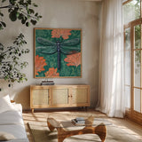 Dragonfly on The Wall by Kate Jarvik Birch. Shown in a natural wood frame in a cozy modern living room. Available as an archival giclee rolled canvas, fine art paper, or poster print. SKU 98596a.