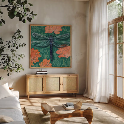 Dragonfly on The Wall by Kate Jarvik Birch. Shown in a natural wood frame in a cozy modern living room. Available as an archival giclee rolled canvas, fine art paper, or poster print. SKU 98596a.