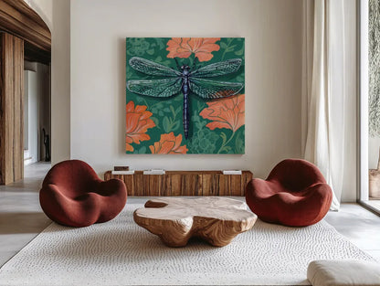 Dragonfly on The Wall by Kate Jarvik Birch. Shown as extra-large giant wall art in a modern living room. Available as an archival giclee rolled canvas, fine art paper, or poster print. SKU 98596a.