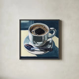 Dusk Dinner Coffee by Kate Jarvik Birch. Shown in a sleek black glass frame for a contemporary gallery look. Available as an archival giclee rolled canvas, fine art paper, or poster print. SKU 99557a.
