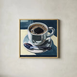 Dusk Dinner Coffee by Kate Jarvik Birch. Shown in a natural wood glass frame for a timeless modern aesthetic. Available as an archival giclee rolled canvas, fine art paper, or poster print. SKU 99557a.
