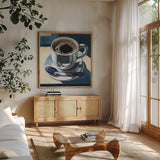 Dusk Dinner Coffee by Kate Jarvik Birch. Shown in a natural wood frame in a cozy modern living room. Available as an archival giclee rolled canvas, fine art paper, or poster print. SKU 99557a.