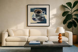 Dusk Dinner Coffee by Kate Jarvik Birch. Displayed in a glass frame with matte in a clean modern living room. Available as an archival giclee rolled canvas, fine art paper, or poster print. SKU 99557a.