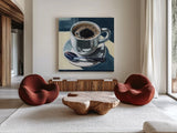 Dusk Dinner Coffee by Kate Jarvik Birch. Shown as extra-large giant wall art in a modern living room. Available as an archival giclee rolled canvas, fine art paper, or poster print. SKU 99557a.