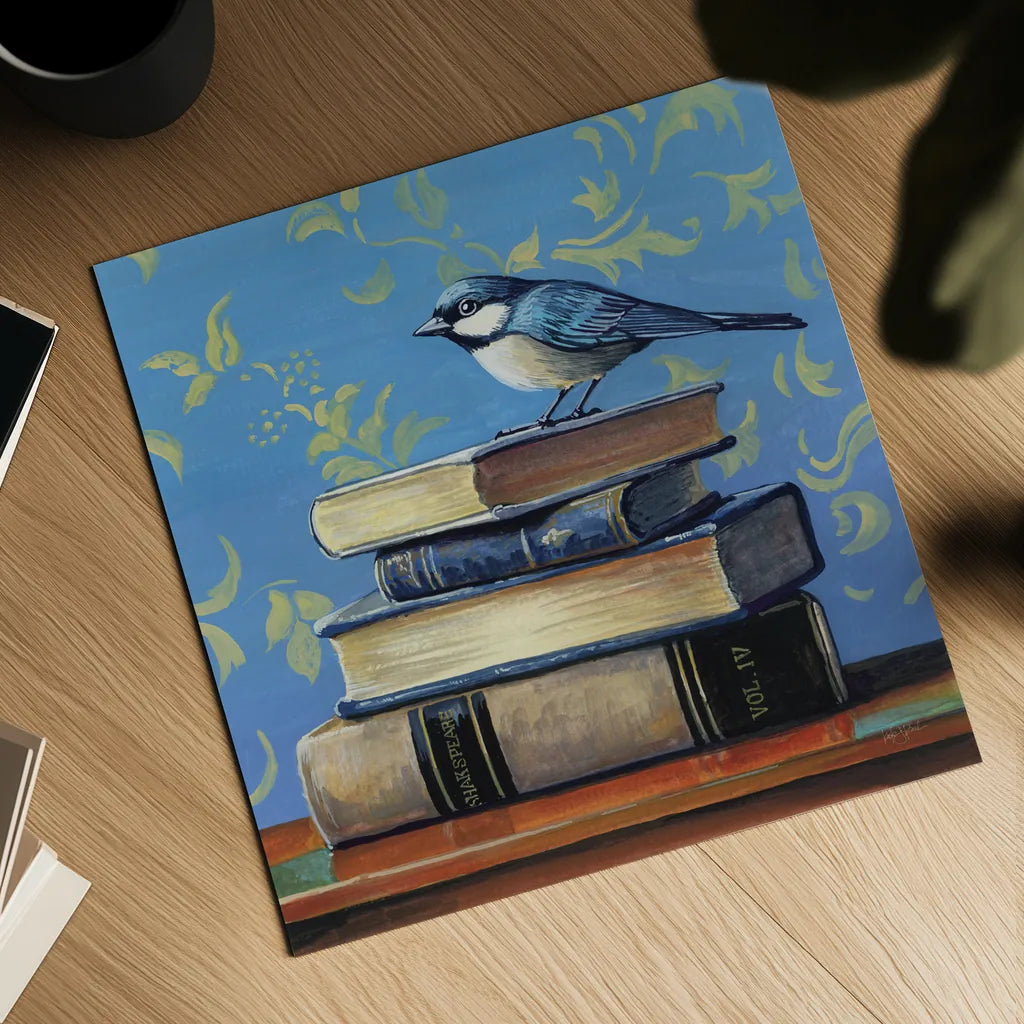 Early Bird Bookworm by Kate Jarvik Birch. Shown as a detailed flat fine art print, highlighting archival giclee quality. Available as an archival giclee rolled canvas, fine art paper, or poster print. SKU 98604a.