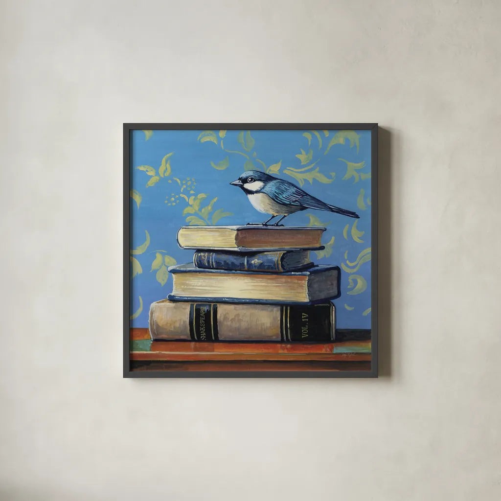 Early Bird Bookworm by Kate Jarvik Birch. Shown in a sleek black glass frame for a contemporary gallery look. Available as an archival giclee rolled canvas, fine art paper, or poster print. SKU 98604a.