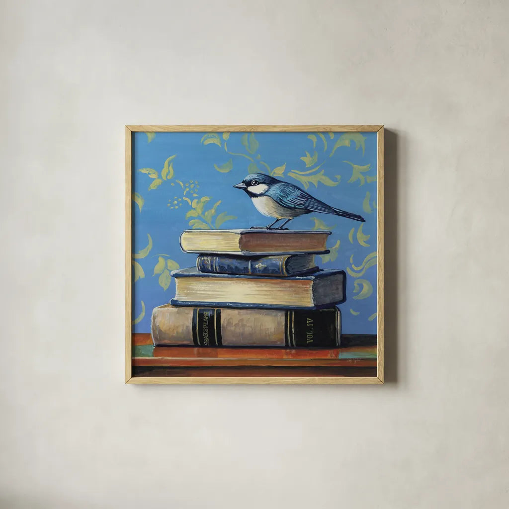 Early Bird Bookworm by Kate Jarvik Birch. Shown in a natural wood glass frame for a timeless modern aesthetic. Available as an archival giclee rolled canvas, fine art paper, or poster print. SKU 98604a.
